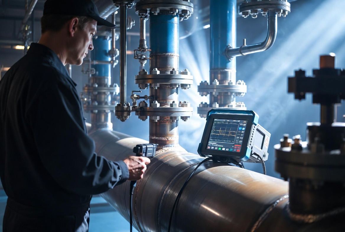 Technician performing NDT inspection on industrial piping